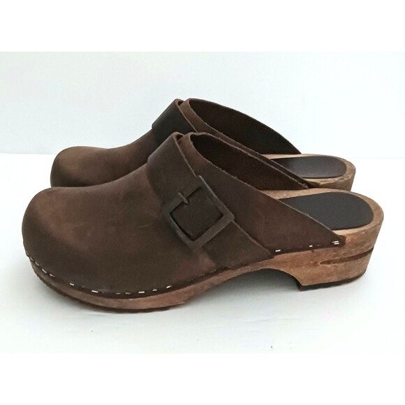 Sanita Danish Clog Brown Full Grain Leather Wood Base Buckle Strap 38 US 7-7.5 - Picture 1 of 11